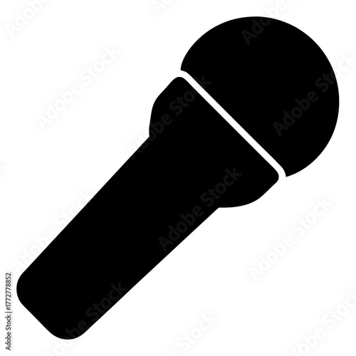 Black silhouette of handheld microphone icon, Simple black icon of a microphone with a rounded head, symbolizing music, audio recording, singing, podcasting, or public speaking.
