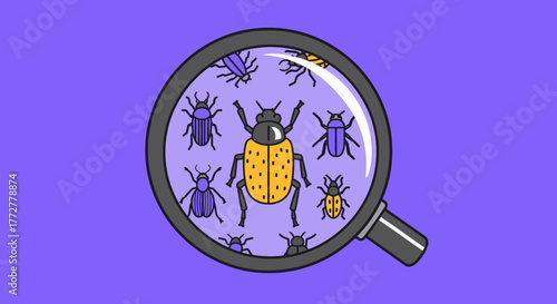 Cartoon illustration of a magnifying glass examining various types of beetles and insects