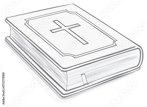 Simple line art drawing of a Holy Bible with a Christian cross on the cover. Vector illustration of a religious book.