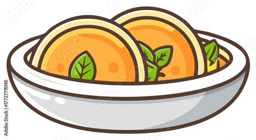 Delicious yellow food in a white bowl with green leaves cartoon vector illustration