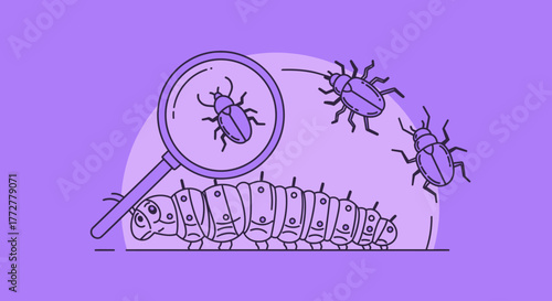 Detailed Illustration of Bugs and a Caterpillar under a Magnifying Glass on Purple Background