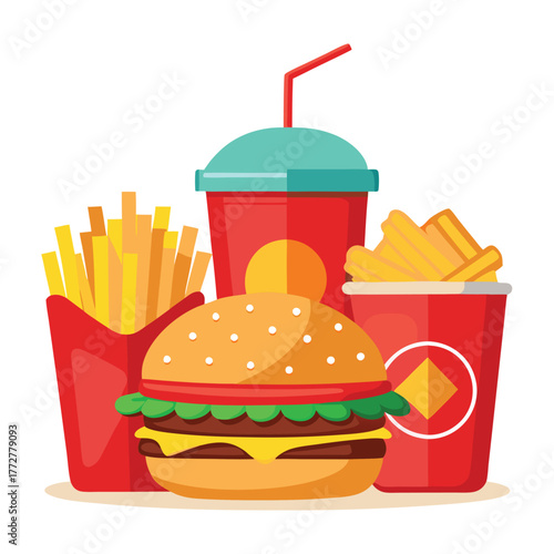 An illustration of various burger and fast-food items