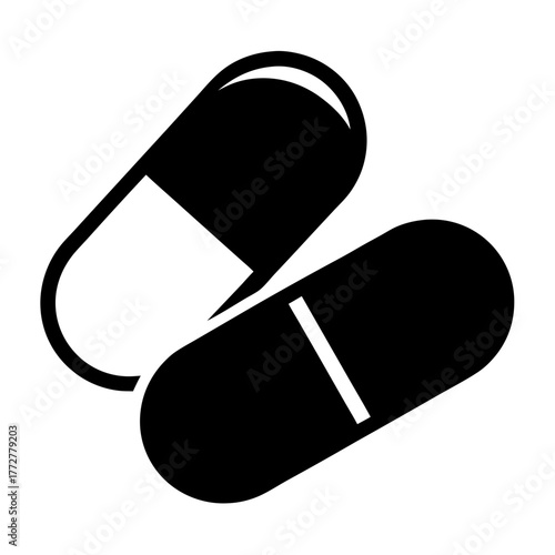 Minimalist image of two medicine capsules in black and white design