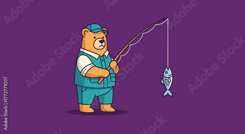 Whimsical cartoon of a bear fisherman with a fish, capturing a moment of outdoor recreation and