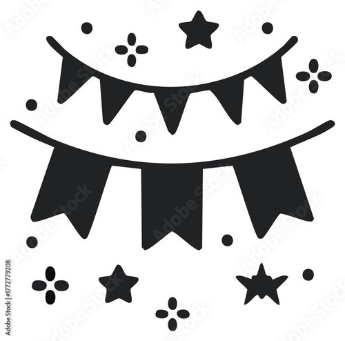 Festive garland with flags, confetti and stars decoration for party or celebration events