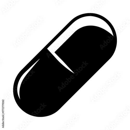 Black and white vector drawing of a single capsule pill