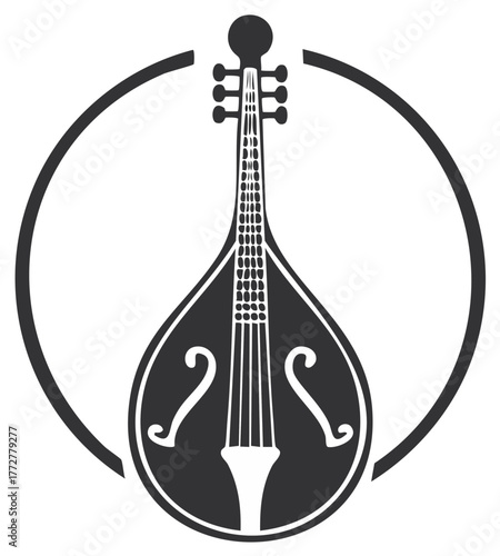 Mandolin Silhouette within Circle Shape Illustration for Music, Folk, or Festival
