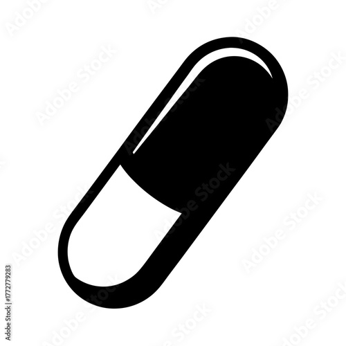 Black silhouette of medical capsule or pill icon, Simple black icon of a capsule-shaped pill, symbolizing medicine, health, pharmacy, supplements, or pharmaceutical treatment.
