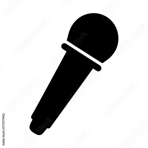 Black silhouette of handheld microphone icon, Simple black icon of a classic microphone, symbolizing audio recording, singing, podcasting, broadcasting, or public speaking activities.
