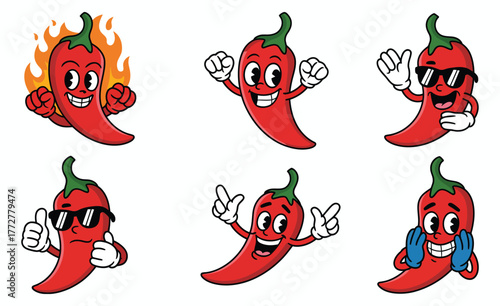 Cartoon chili peppers with expressive faces and different moods, playful food characters in diverse poses perfect for recipe books, stickers, and children’s illustrations