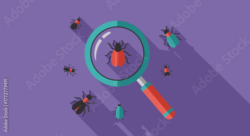 Magnifying glass inspecting cartoon insects on a purple background illustration
