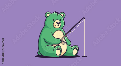 Whimsical green bear illustration fishing with a rod on a pastel purple background scene
