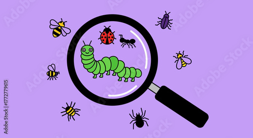 Cartoon insects under magnifying glass on purple backdrop evokes curiosity and discovery