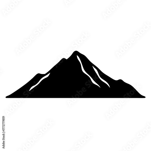 Simplified black silhouette drawing of a massive mountain range against white