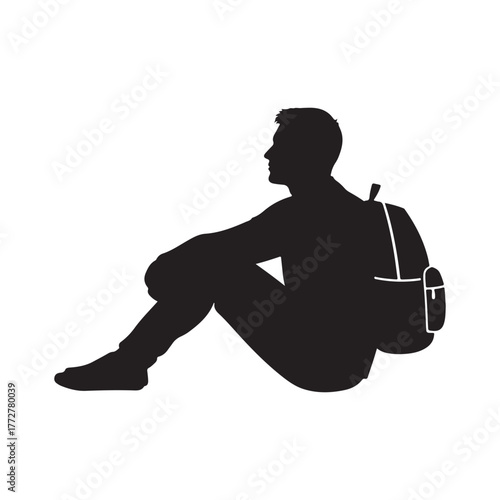 Sitting man with backpack silhouette vector flat illustration design