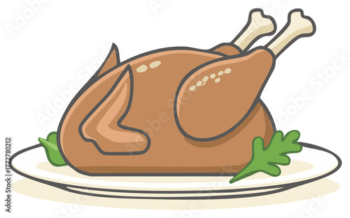 Cartoon illustration of a whole roasted turkey on a plate with garnish, perfect for a holiday feast