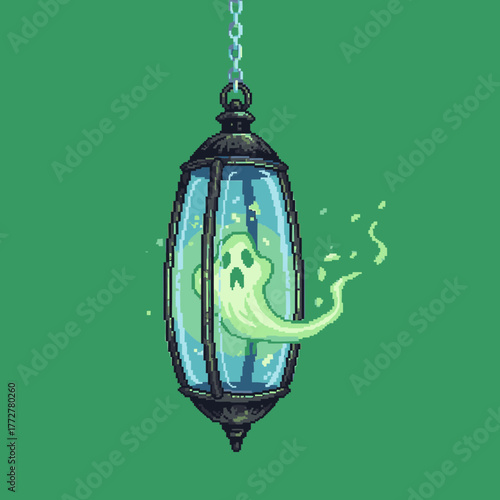 A pixel art illustration of a cute glowing ghost escaping from a hanging vintage lantern.