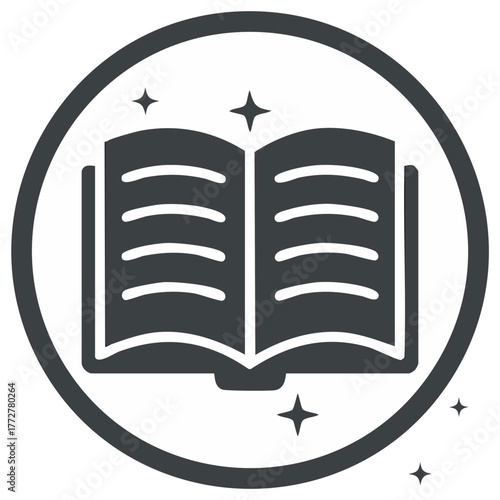 Magical open book icon with glowing stars inside a circular frame representing knowledge and stories