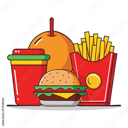 An illustration of various burger and fast-food items