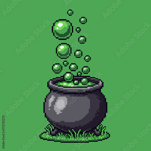 Pixel art illustration of a witch's black cauldron with bubbling green potion on a solid background.