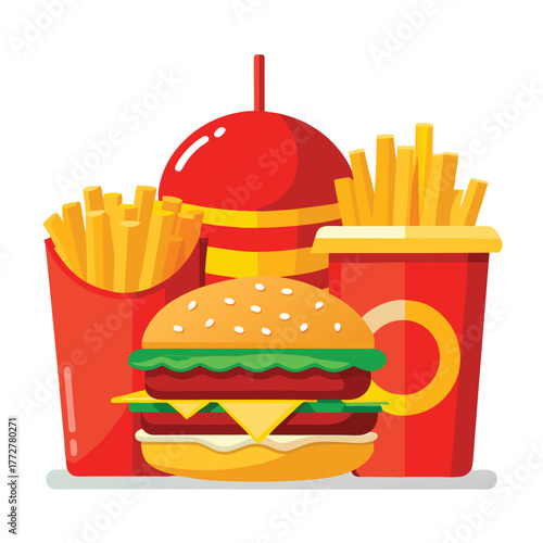 An illustration of various burger and fast-food items