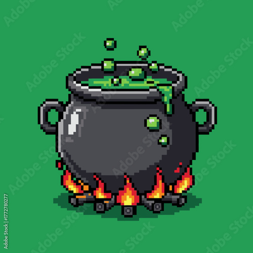 Pixel art illustration of a black witch's cauldron bubbling with a magical green potion over a fire.