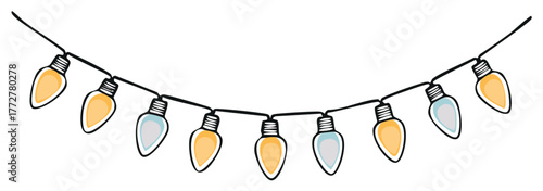 Hand drawn garland of glowing yellow and blue holiday lights cartoon vector illustration