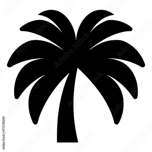 Black silhouette of tropical palm tree icon, Simple black icon of a palm tree with wide fronds, symbolizing tropical climate, vacation, beach, summer, or exotic destinations.
