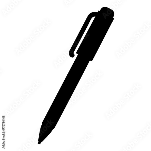 Silhouette of a simple black pen with a cap and clip design