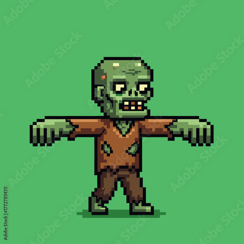 Pixel art illustration of a green-skinned zombie character in a T-pose against a solid background.