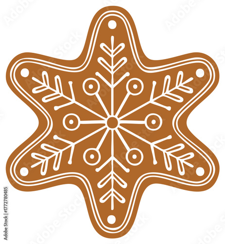 Christmas gingerbread snowflake cookie with decorative white royal icing vector illustration
