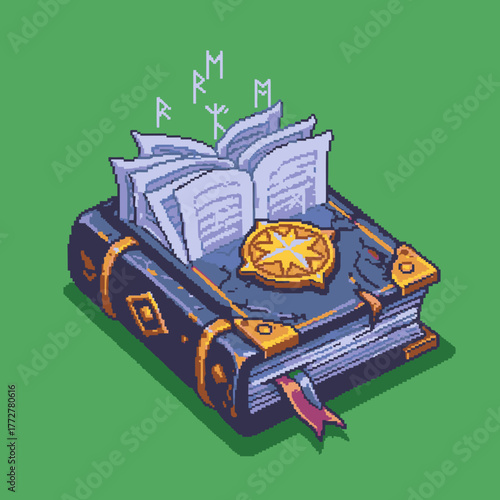 An isometric pixel art illustration of an ancient magic spellbook with glowing runes floating above its open pages.