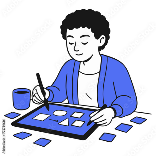 Person Creating a Digital Design or Flowchart on a Tablet With a Stylus