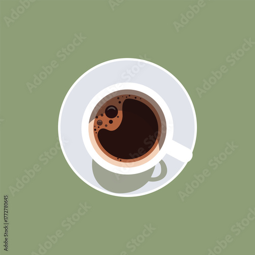 Coffee cup flat design vector. Top view of a coffee cup. Flat style with long shadow. Modern flat design vector illustration of a mug with black coffee.