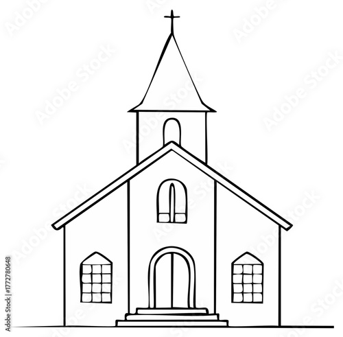 Simple Line Drawing of a Church Building with Steeple and Cross