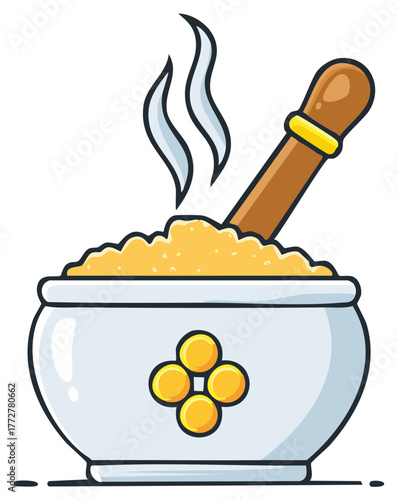 Bowl of steaming yellow ingredients with a pestle for grinding spices or medicinal herbs illustration