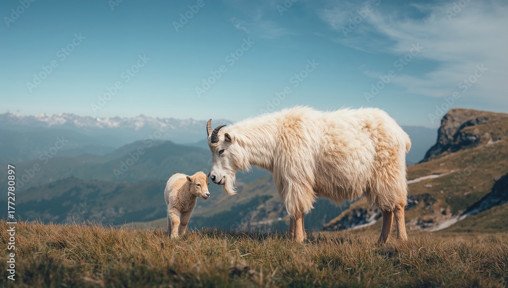 Obraz premium Wild goat nurturing its young in a snowy meadow, natural setting with green grass