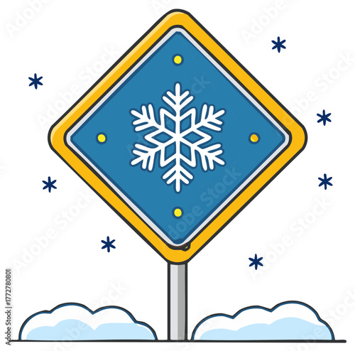 Warning sign with a snowflake symbol indicating cold weather and snow falling
