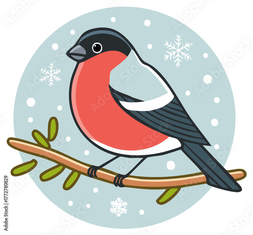 Vibrant red breasted bullfinch bird perching on a branch with falling snowflakes winter illustration