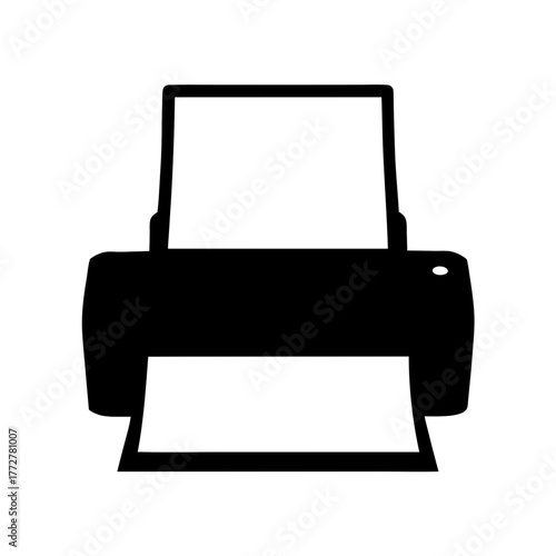 Simple black and white printer icon with paper output and input tray