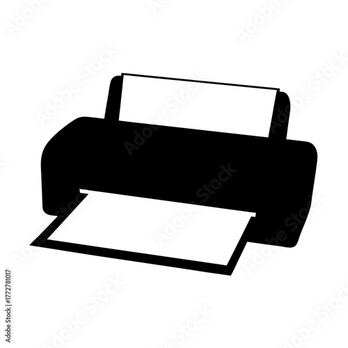 Black and white graphic illustration of a printer with paper inside