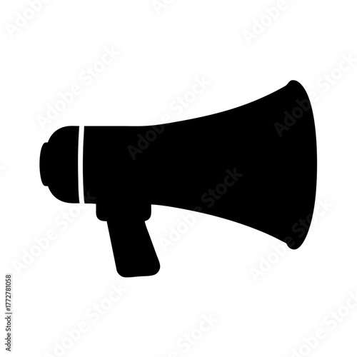 Black silhouette of handheld megaphone or loudspeaker icon, Simple black icon of a megaphone with a handle, symbolizing announcements, public speaking, protests, marketing, or voice amplification.
