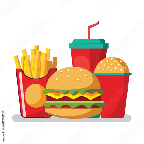 An illustration of various burger and fast-food items