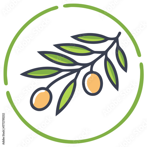 Modern icon design featuring an olive branch with green leaves and ripe olives in a dashed circle