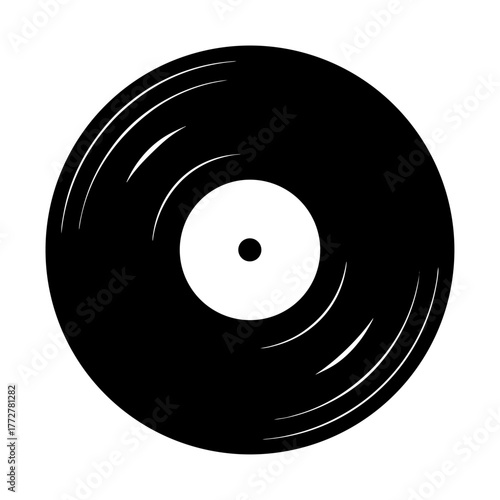 Black silhouette of vinyl record or music disc icon, Simple black icon of a classic vinyl record with grooves, symbolizing music, retro audio, sound recording, or vintage entertainment.
