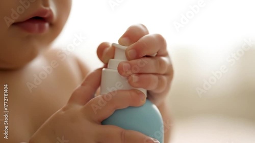 A baby's tiny hands grasp a pump bottle, exploring daily personal care routine.