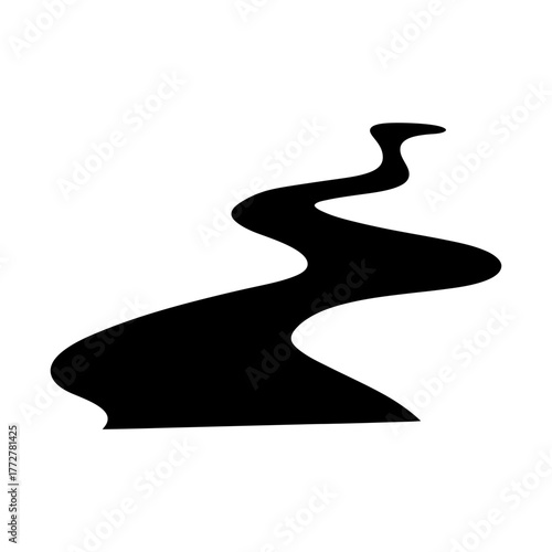 Black silhouette of winding path or road icon, Simple black icon of a curvy, meandering path or road, symbolizing journey, direction, adventure, or travel through natural terrain.
