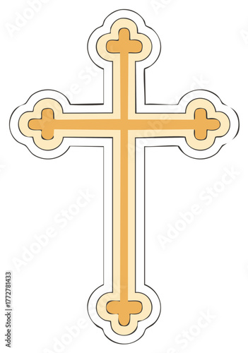 Golden Cross Symbol, Cartoon-Style, Outline, Religious Symbolism, Orthodox Christian Faith, Christian Symbol