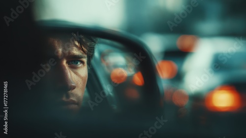Thoughtful man gazing in rearview mirror while sitting in traffic, reflecting on life and surroundings on a busy city road during sunset time