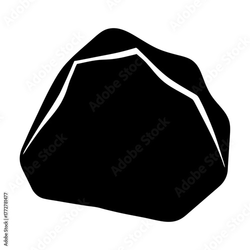 A solid black rock formation isolated on a stark white background